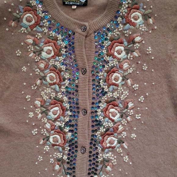 VTG 80 Light Brown Embroidered and Iridescent Sequined Cardigan by Shuangtiane - Picture 2 of 5